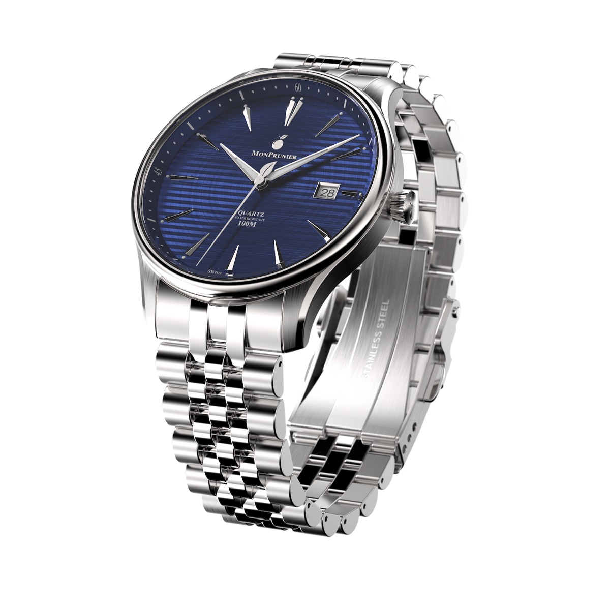 Three-quarter view of the watch showing the folding clasp and bracelet