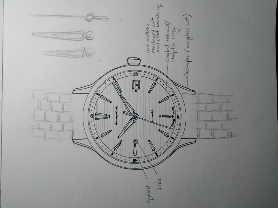 Original pencil sketch of the watch with annotations: applied lume, line pattern with sunburst brushing, angled rehaut, chamfered lugs